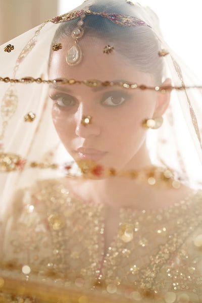 Champagne Gold & Soft Coral: Embroidered Bridal Chiffon Suit | Ready To Wear