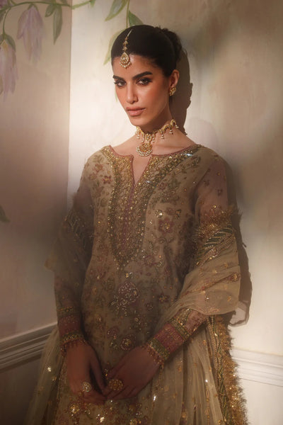 Champagne Gold & Soft Coral: Embroidered Bridal Chiffon Suit | Ready To Wear