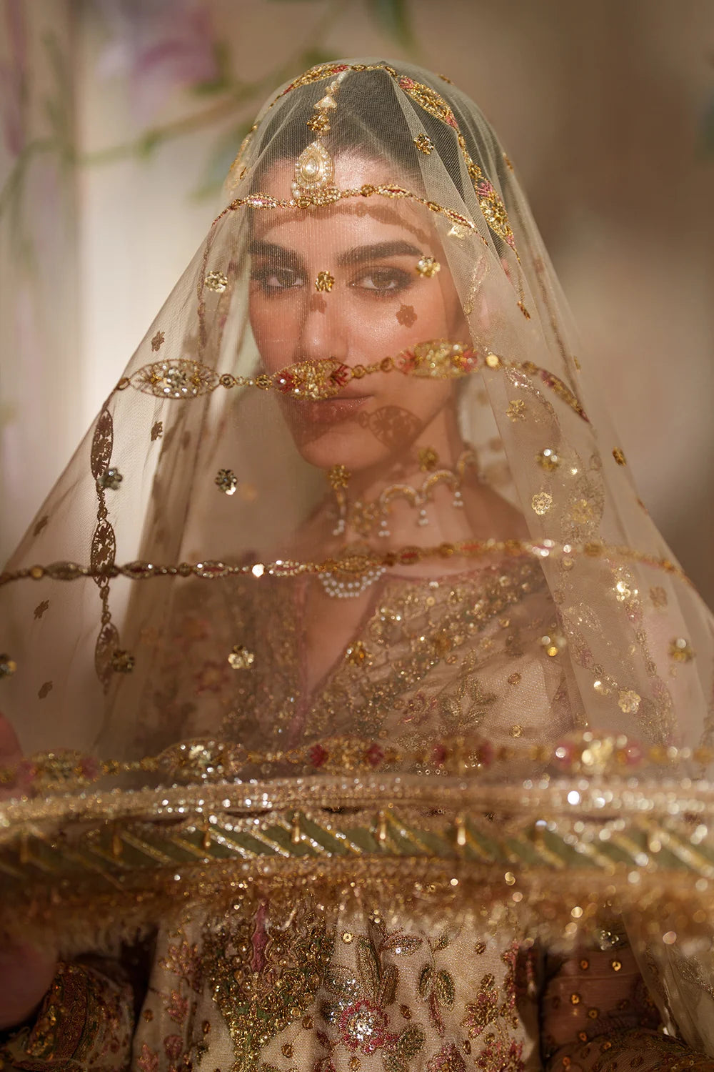 Champagne Gold & Soft Coral: Embroidered Bridal Chiffon Suit | Ready To Wear
