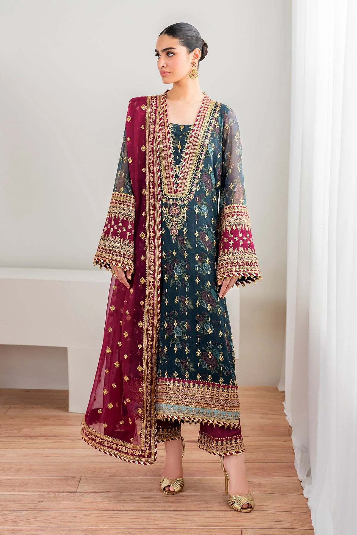 Teal & Burgundy: Embroidered Chiffon Suit | Ready To Wear