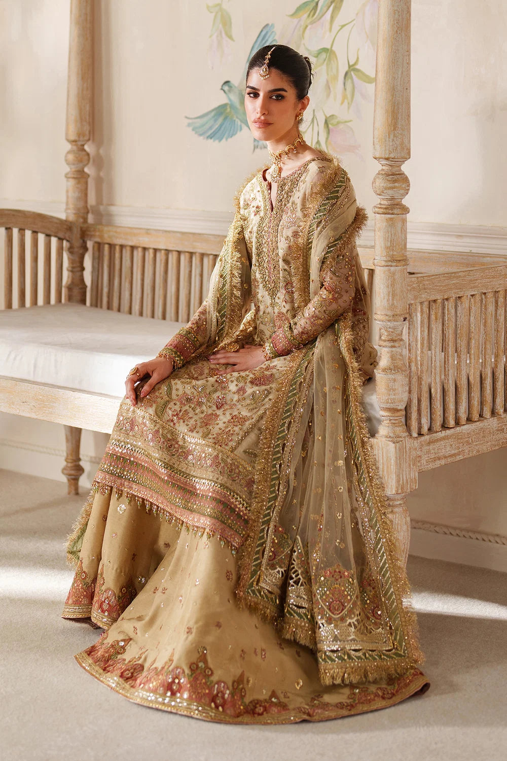 Champagne Gold & Soft Coral: Embroidered Bridal Chiffon Suit | Ready To Wear