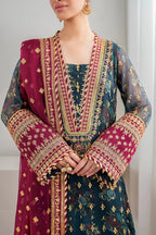 Teal & Burgundy: Embroidered Chiffon Suit | Ready To Wear