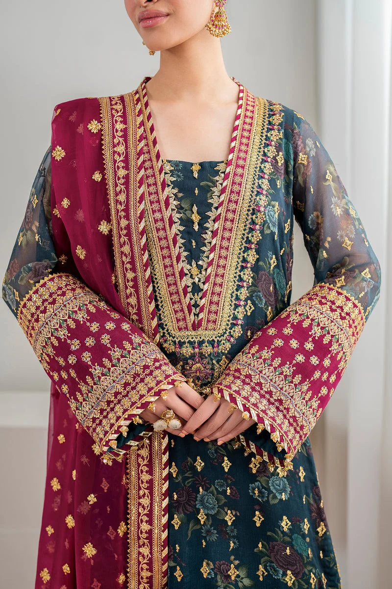 Teal & Burgundy: Embroidered Chiffon Suit | Ready To Wear