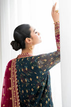 Teal & Burgundy: Embroidered Chiffon Suit | Ready To Wear