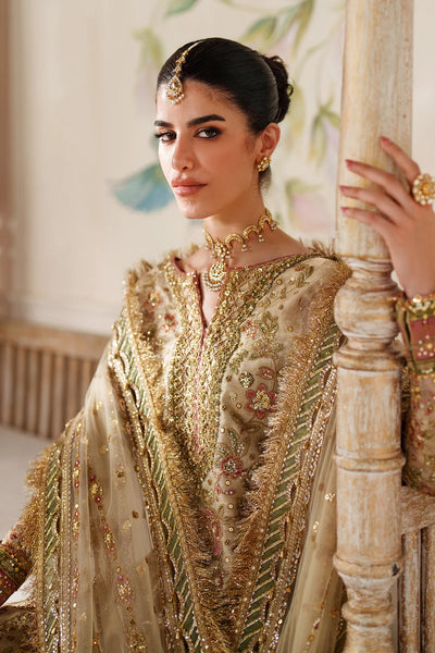 Champagne Gold & Soft Coral: Embroidered Bridal Chiffon Suit | Ready To Wear