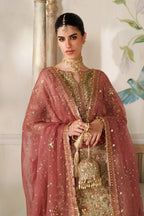 Champagne Gold & Soft Coral: Embroidered Bridal Chiffon Suit | Ready To Wear