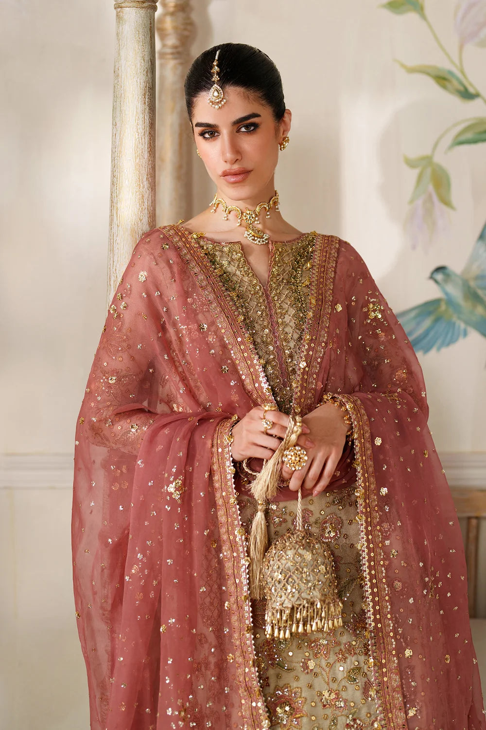 Champagne Gold & Soft Coral: Embroidered Bridal Chiffon Suit | Ready To Wear