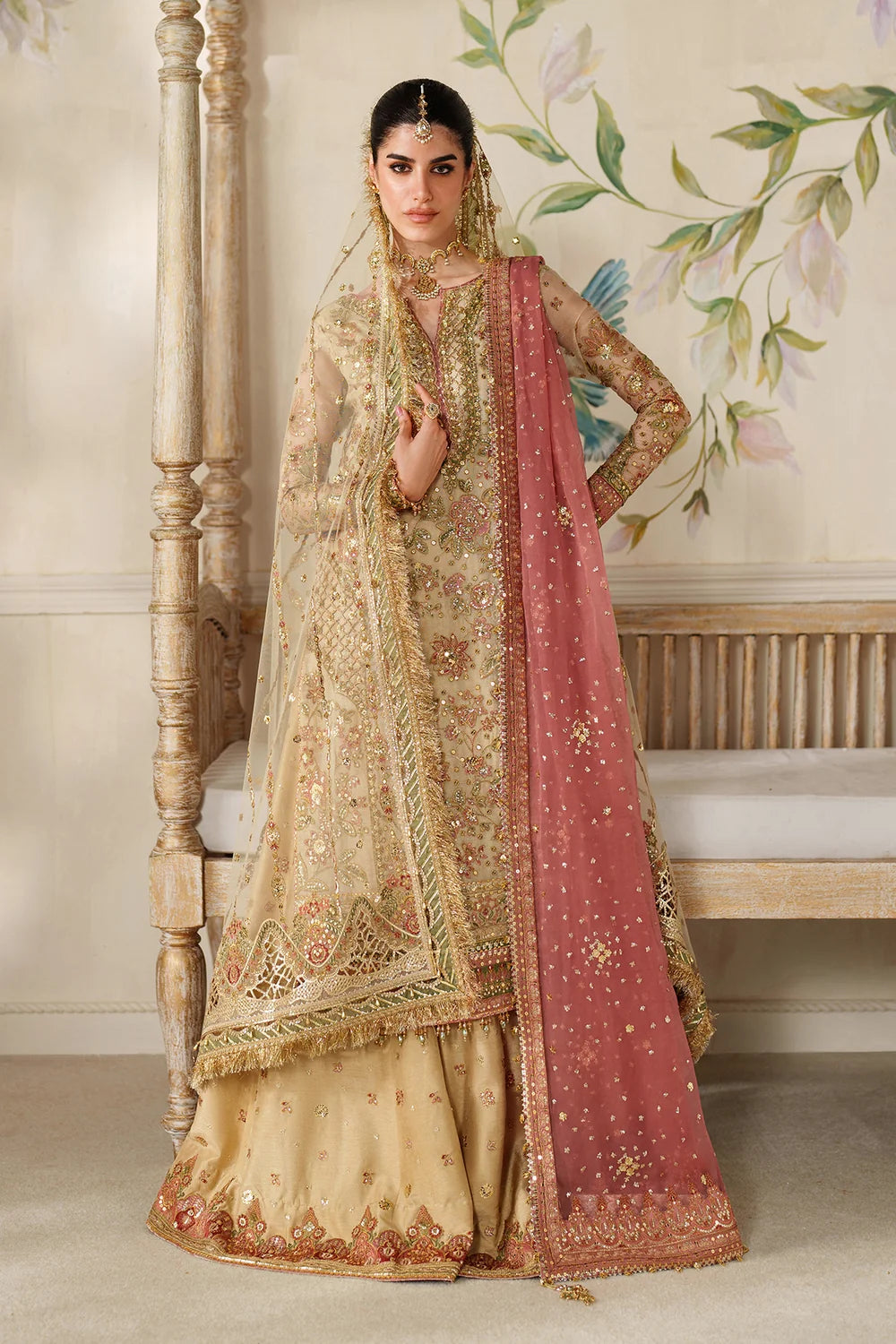 Champagne Gold & Soft Coral: Embroidered Bridal Chiffon Suit | Ready To Wear