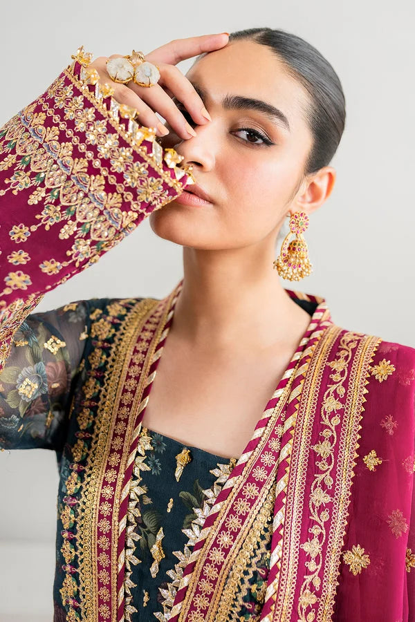 Teal & Burgundy: Embroidered Chiffon Suit | Ready To Wear
