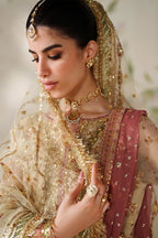 Champagne Gold & Soft Coral: Embroidered Bridal Chiffon Suit | Ready To Wear