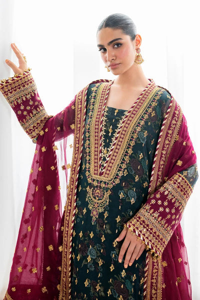 Teal & Burgundy: Embroidered Chiffon Suit | Ready To Wear