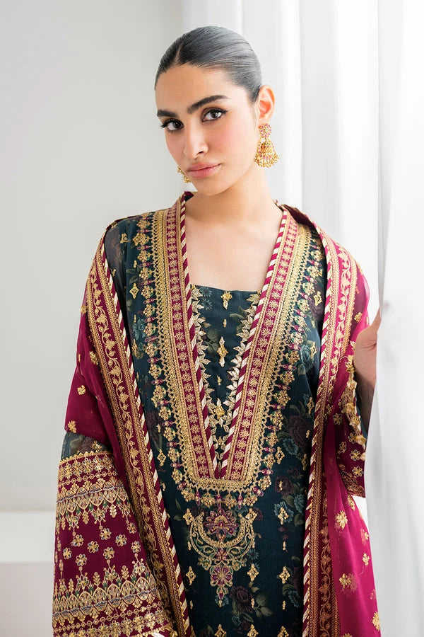 Teal & Burgundy: Embroidered Chiffon Suit | Ready To Wear