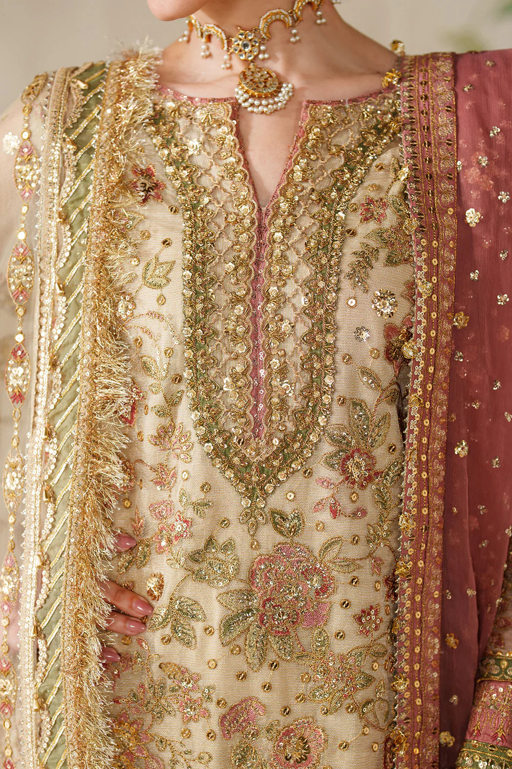 Champagne Gold & Soft Coral: Embroidered Bridal Chiffon Suit | Ready To Wear