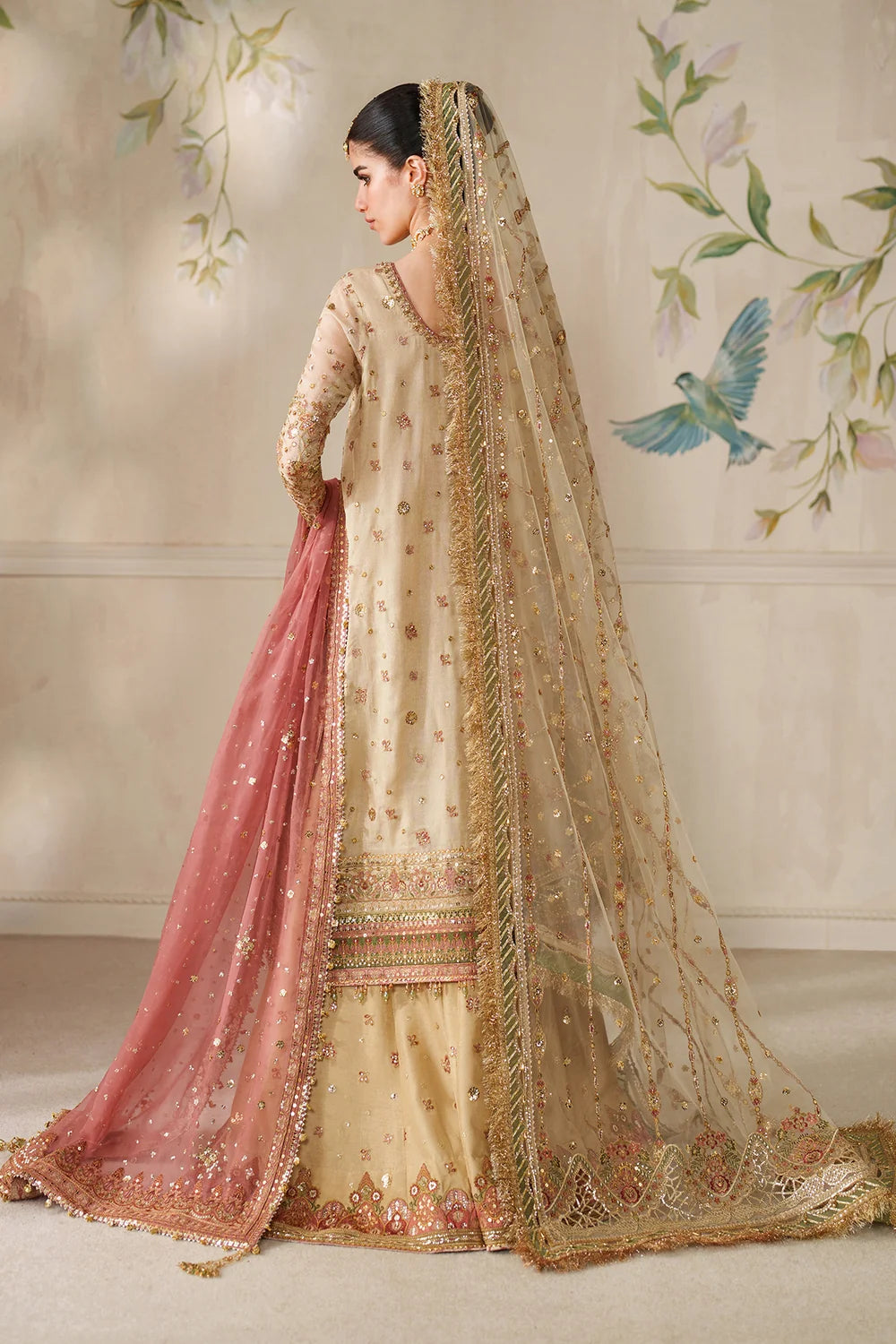 Champagne Gold & Soft Coral: Embroidered Bridal Chiffon Suit | Ready To Wear