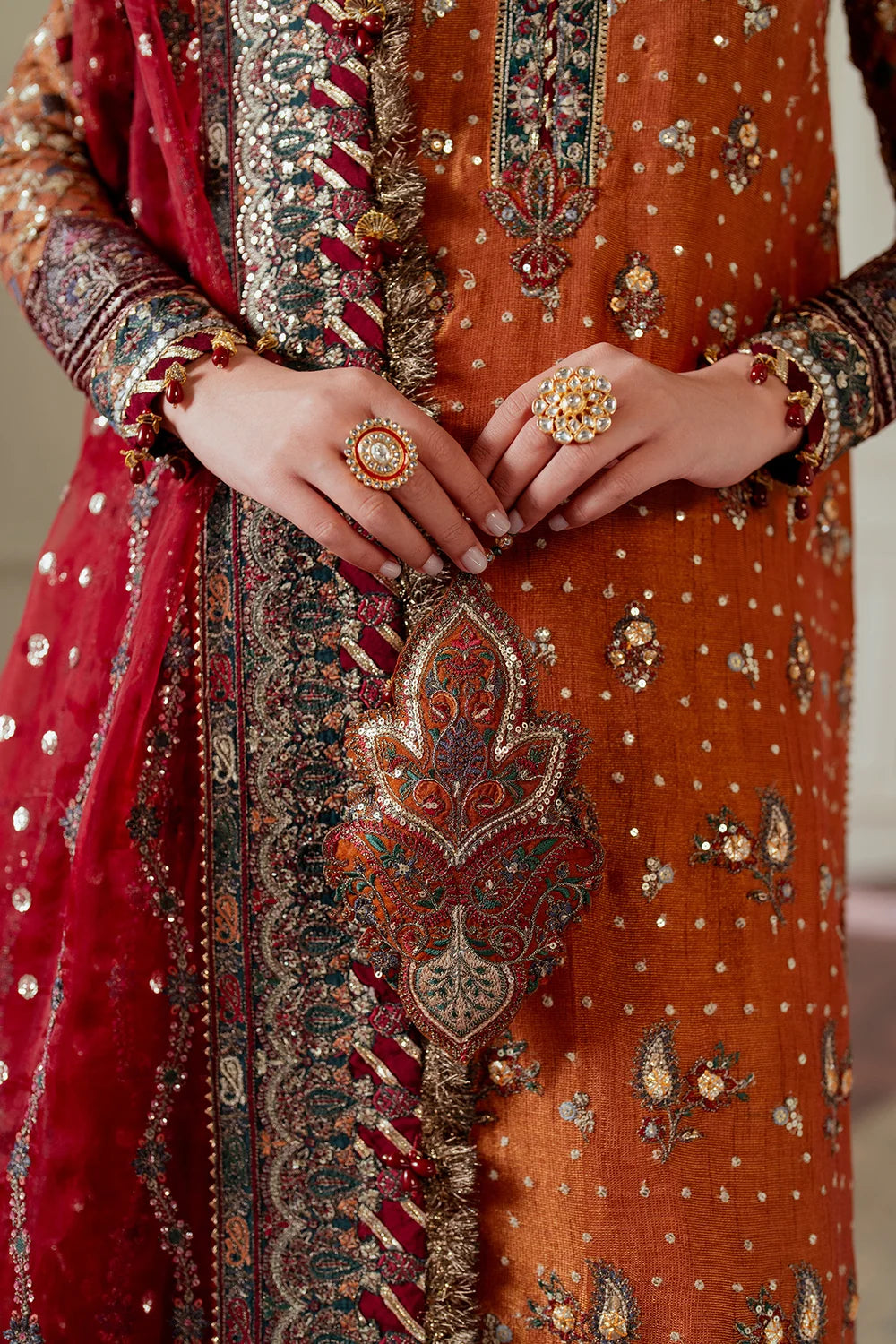 Rust Orange & Deep Maroon: Embroidered Chiffon Suit | Ready To Wear