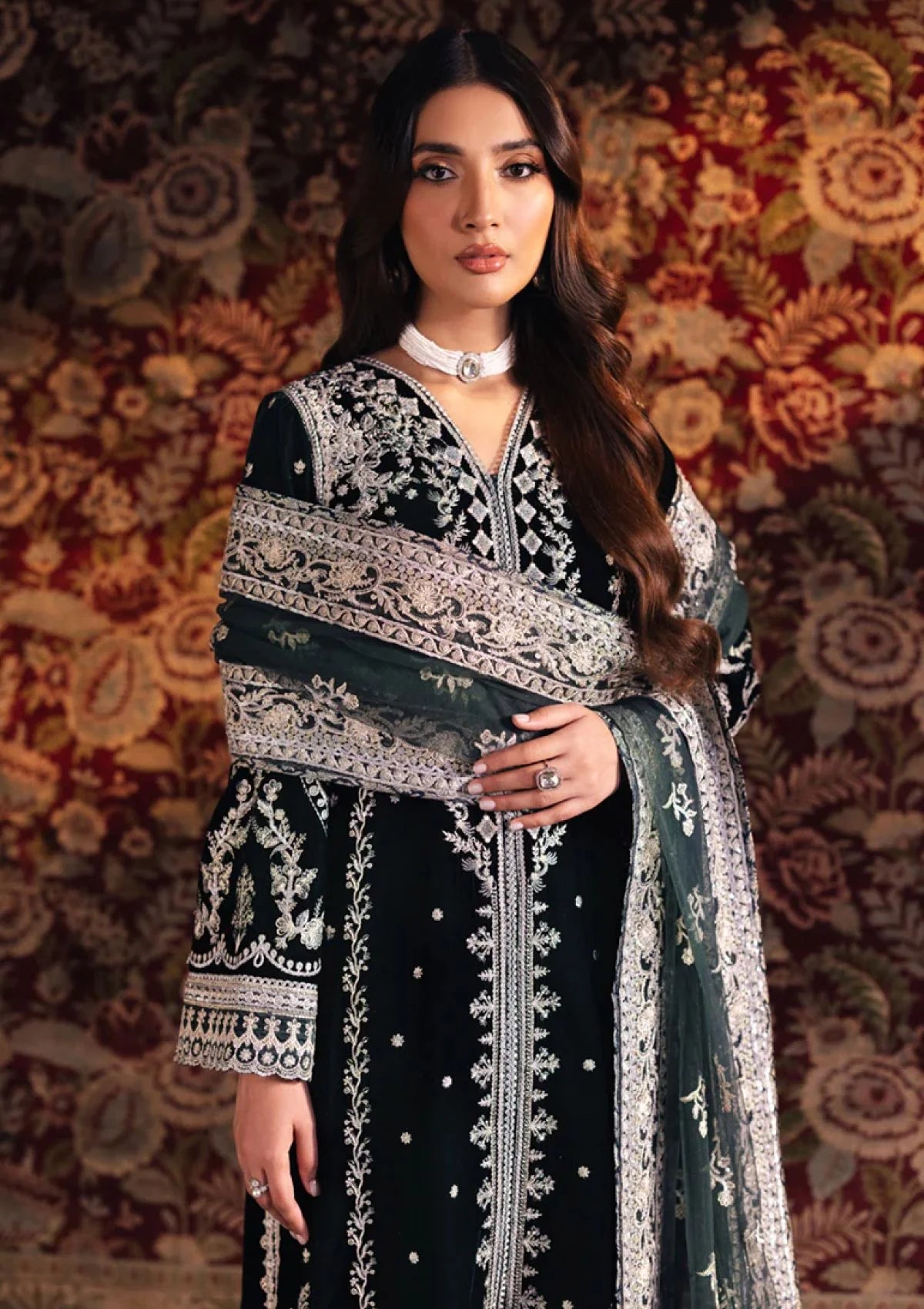 Jet Black & Silver Embroidered Velvet Suit | Ready To Wear