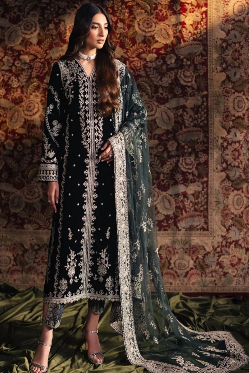 Jet Black & Silver Embroidered Velvet Suit | Ready To Wear