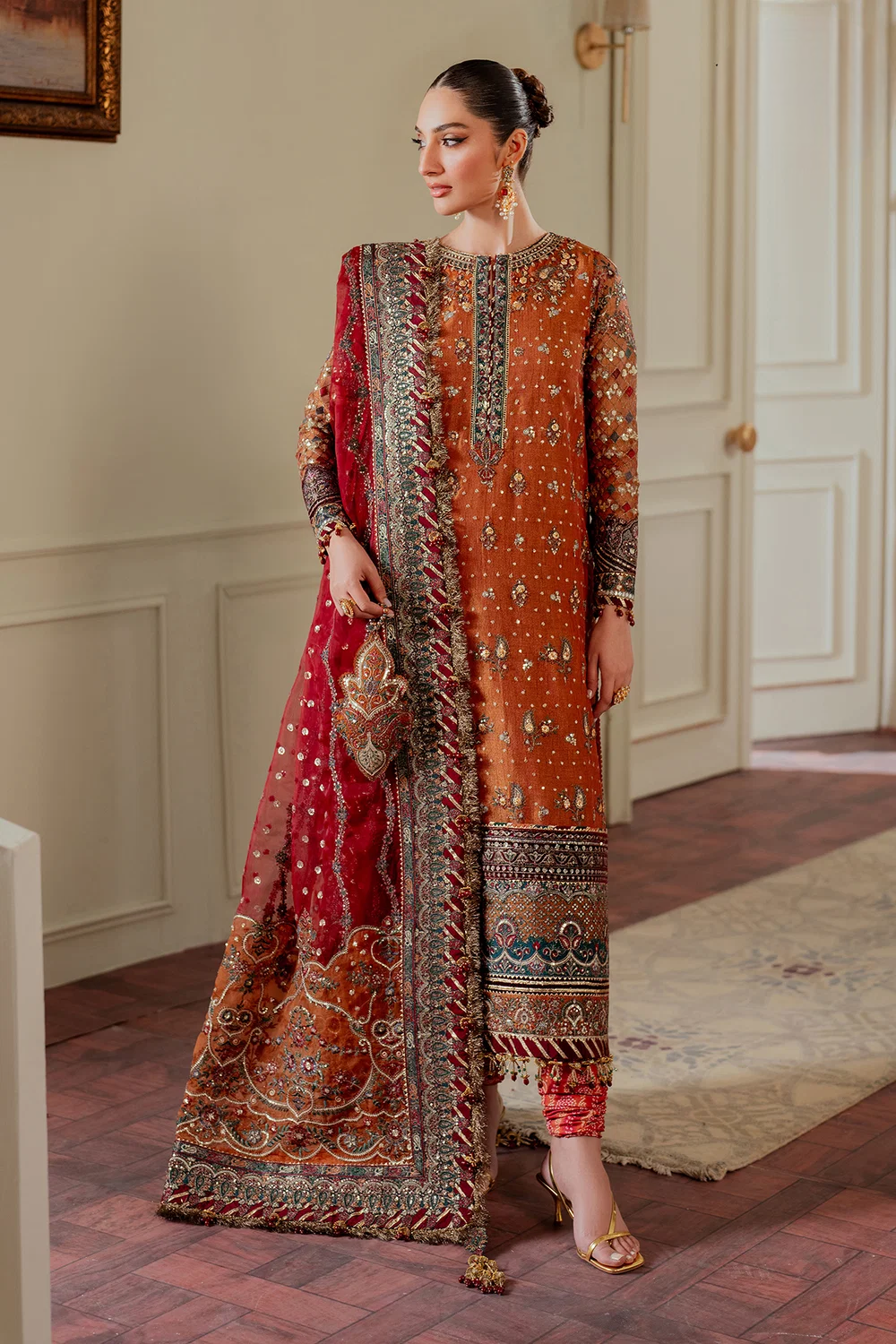 Rust Orange & Deep Maroon: Embroidered Chiffon Suit | Ready To Wear