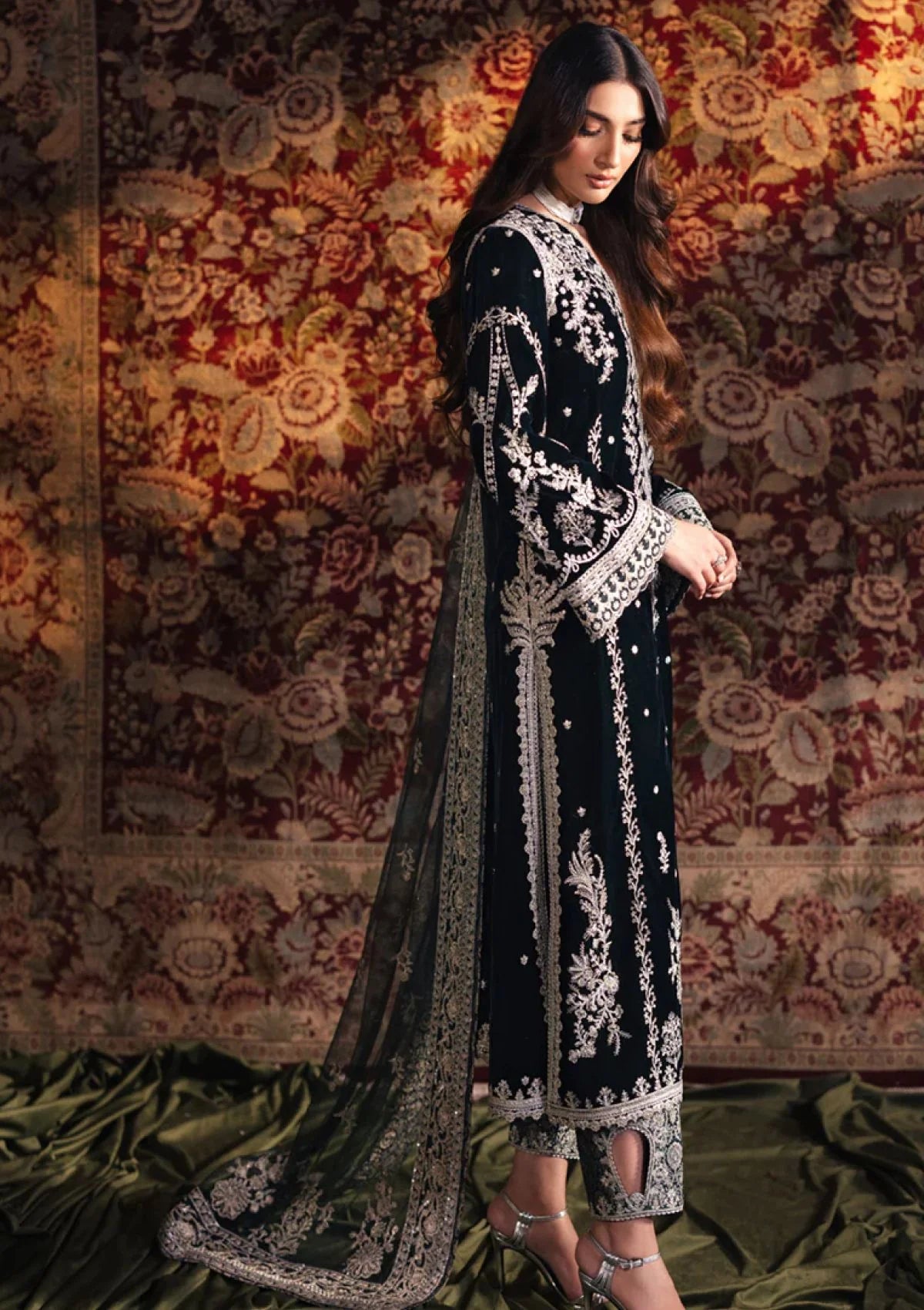 Jet Black & Silver Embroidered Velvet Suit | Ready To Wear