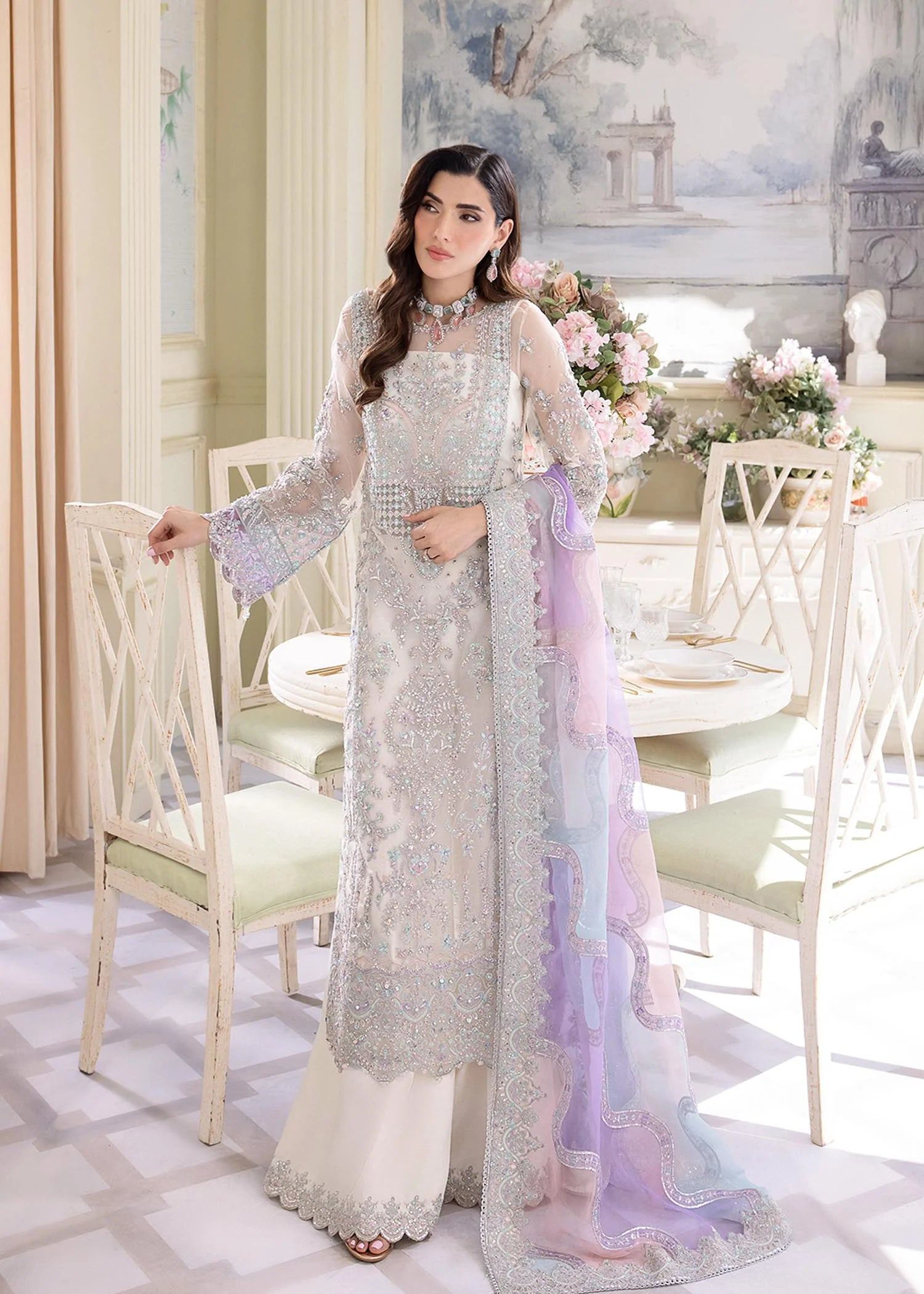 Ivory & Multi-Pastel: Embroidered Chiffon Suit With Net Dupatta | Ready To Wear