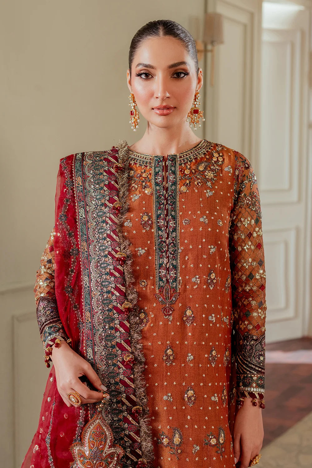 Rust Orange & Deep Maroon: Embroidered Chiffon Suit | Ready To Wear