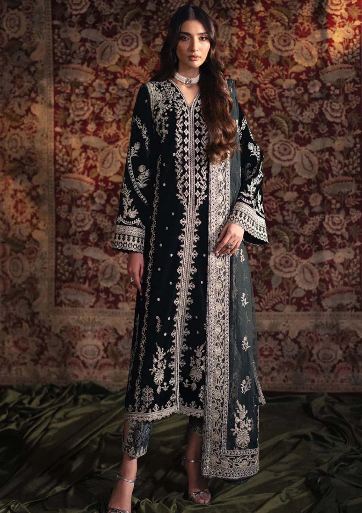 Jet Black & Silver Embroidered Velvet Suit | Ready To Wear