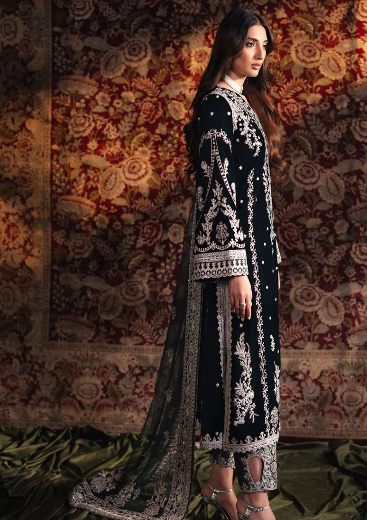 Jet Black & Silver Embroidered Velvet Suit | Ready To Wear