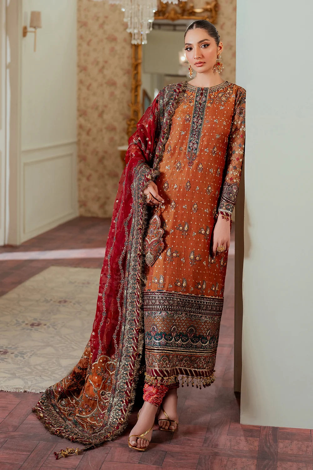 Rust Orange & Deep Maroon: Embroidered Chiffon Suit | Ready To Wear