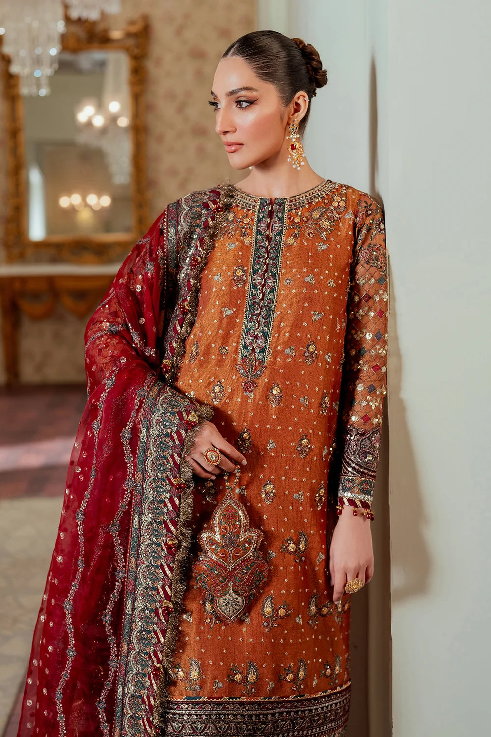 Rust Orange & Deep Maroon: Embroidered Chiffon Suit | Ready To Wear