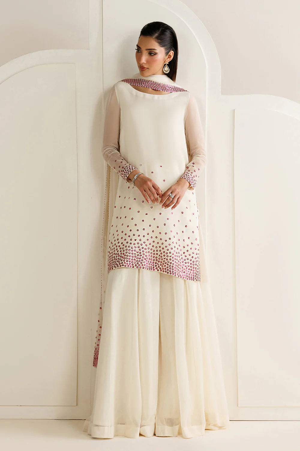 Cream White with Magenta Sequin Dupatta: 03-Piece Chiffon Suit | Ready To Wear