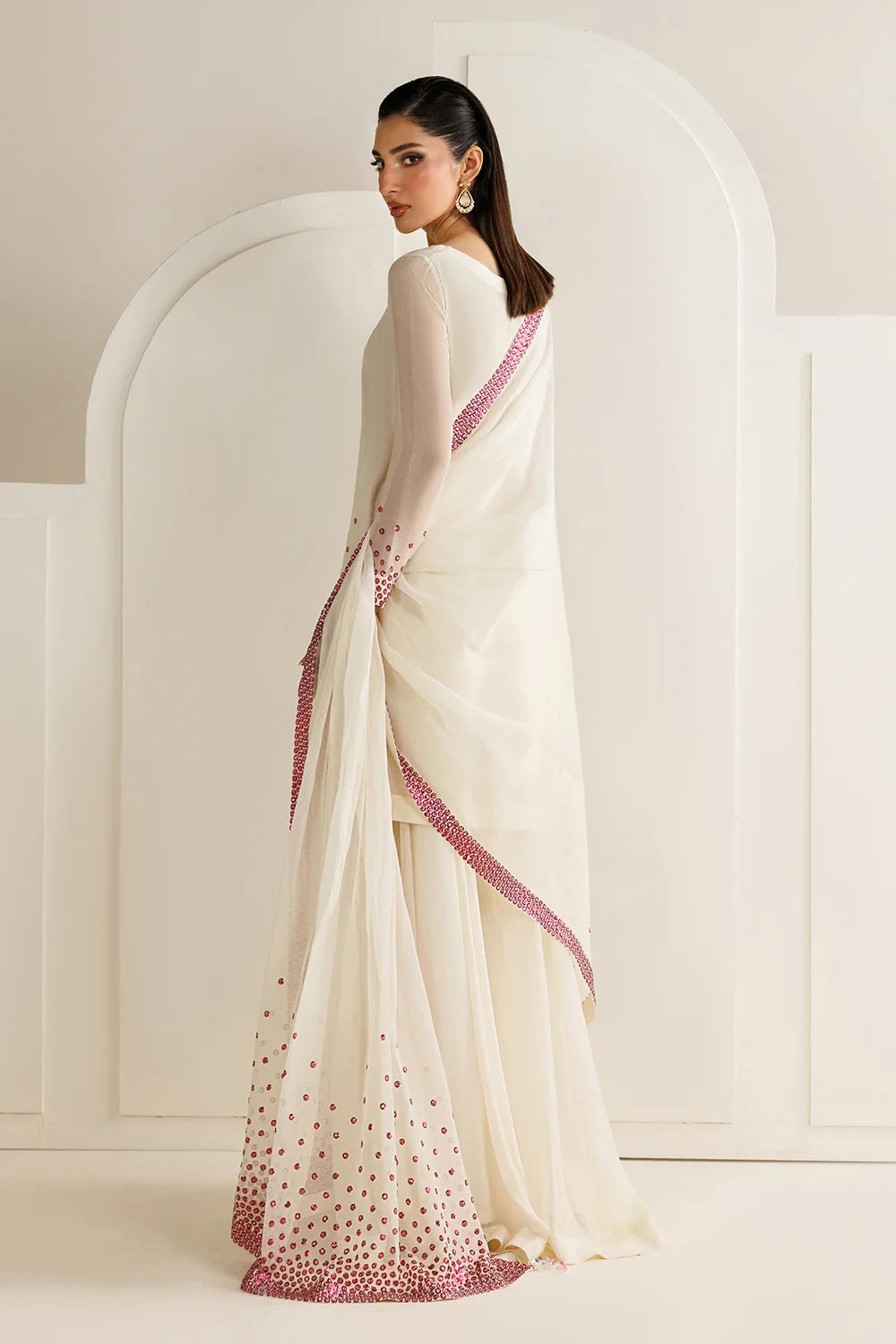 Cream White with Magenta Sequin Dupatta: 03-Piece Chiffon Suit | Ready To Wear