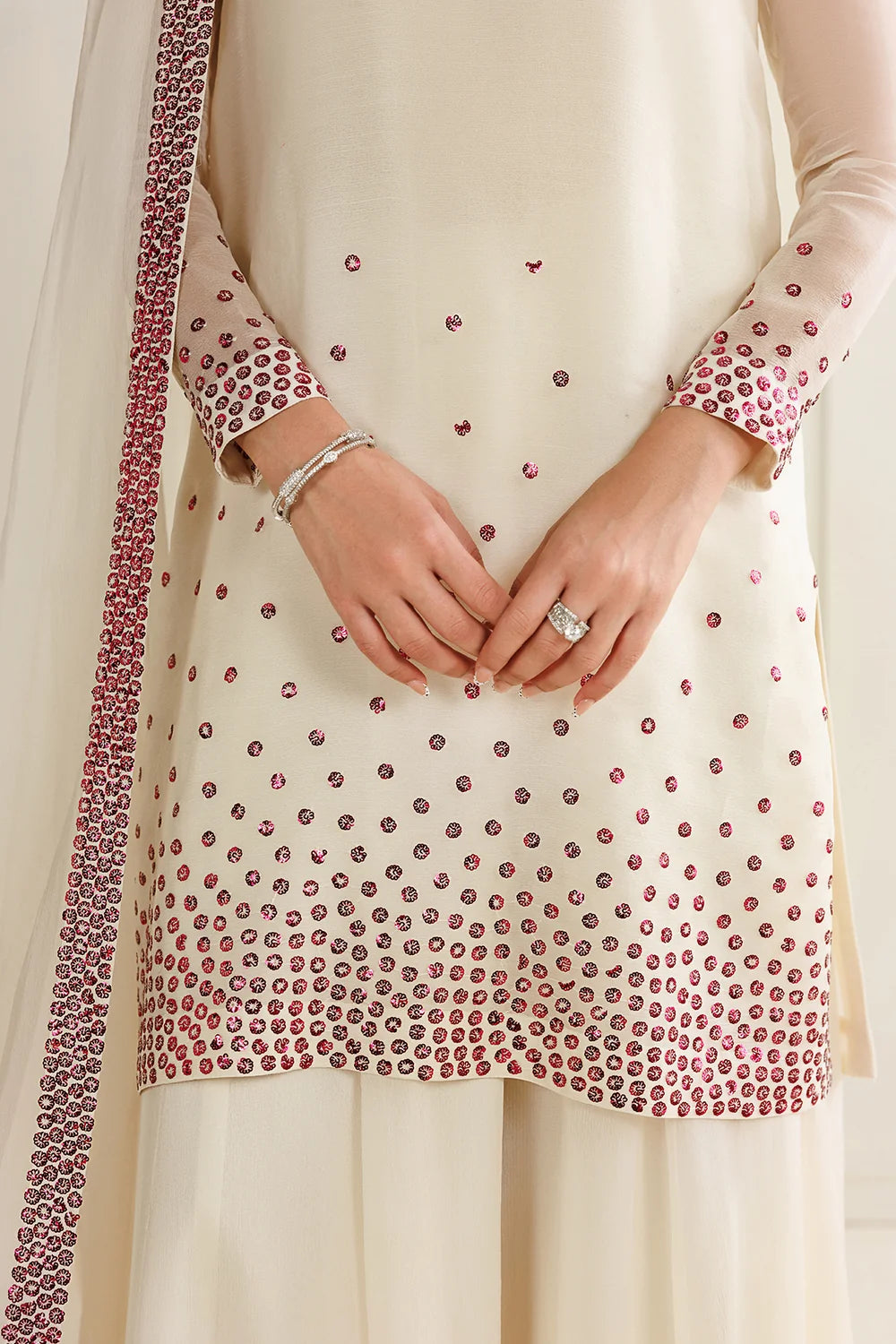 Cream White with Magenta Sequin Dupatta: 03-Piece Chiffon Suit | Ready To Wear