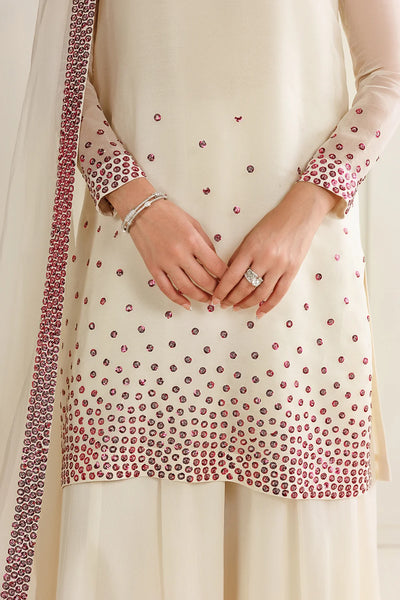 Cream White with Magenta Sequin Dupatta: 03-Piece Chiffon Suit | Ready To Wear