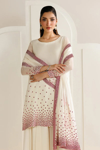Cream White with Magenta Sequin Dupatta: 03-Piece Chiffon Suit | Ready To Wear