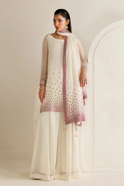 Cream White with Magenta Sequin Dupatta: 03-Piece Chiffon Suit | Ready To Wear