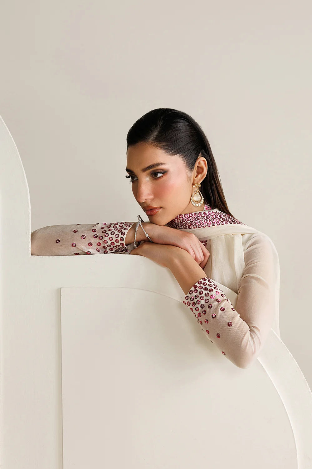 Cream White with Magenta Sequin Dupatta: 03-Piece Chiffon Suit | Ready To Wear