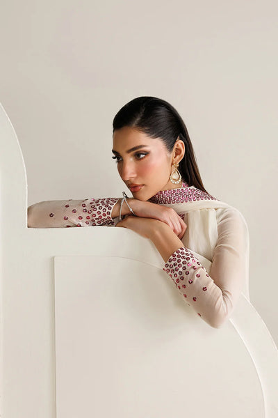 Cream White with Magenta Sequin Dupatta: 03-Piece Chiffon Suit | Ready To Wear