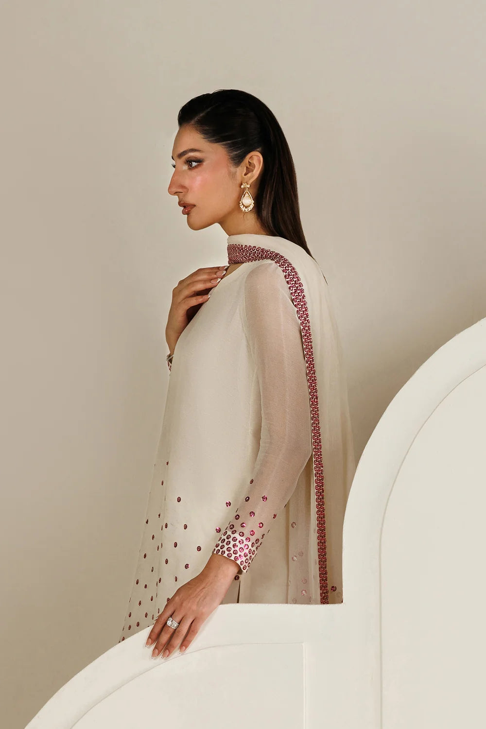 Cream White with Magenta Sequin Dupatta: 03-Piece Chiffon Suit | Ready To Wear