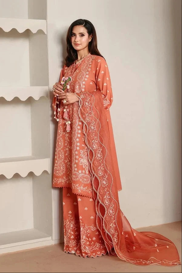 Burnt Peach & White Floral Accent: Embroidered Lawn Suit | Ready To Wear