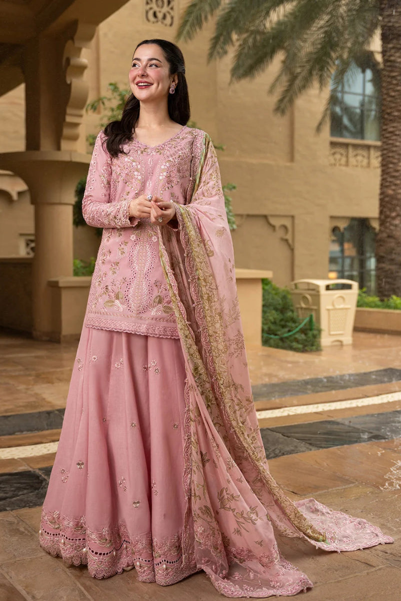 Tea Pink & Olive Gold: Embroidered Lawn Short Kurti With Sharara