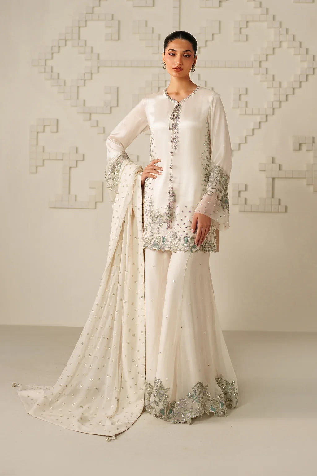 Moonlight Ivory: Embroidered Chiffon Suit | Ready To Wear