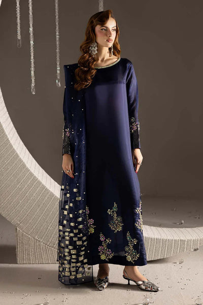 Midnight Sapphire & Gold: Embroidered Silk Suit | Ready To Wear