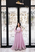 Soft Lavender Mist & Silver: Embroidered Net Maxi | Ready To Wear