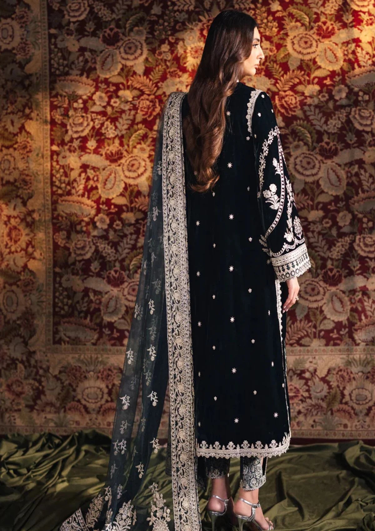 Jet Black & Silver Embroidered Velvet Suit | Ready To Wear