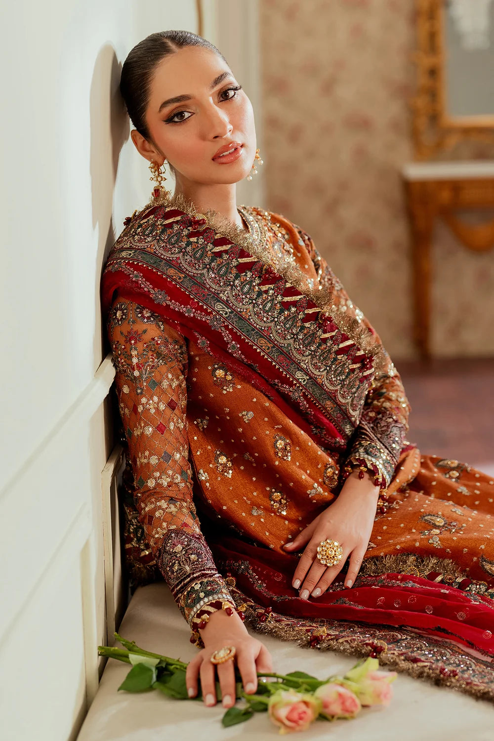Rust Orange & Deep Maroon: Embroidered Chiffon Suit | Ready To Wear