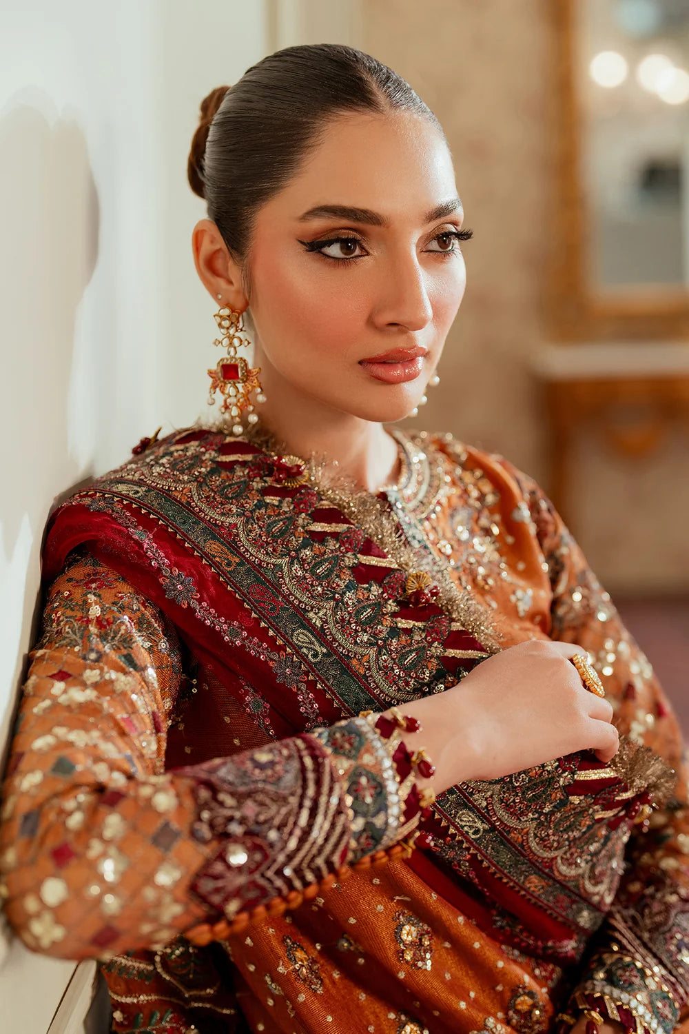 Rust Orange & Deep Maroon: Embroidered Chiffon Suit | Ready To Wear