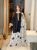 03-Piece Silk Suit With Printed Dupatta & Trouser | Ready To Weae