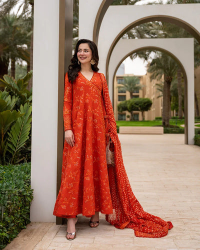 Burnt Orange: 03-Piece Embroidered Lawn Frock | Ready To Wear