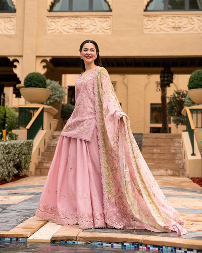 Tea Pink & Olive Gold: Embroidered Lawn Short Kurti With Sharara