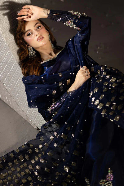 Midnight Sapphire & Gold: Embroidered Silk Suit | Ready To Wear